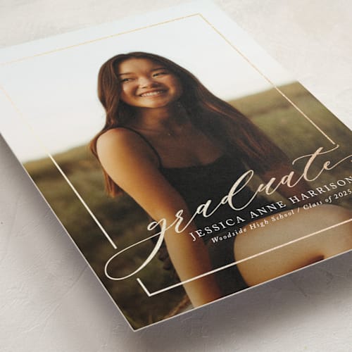 This is a ivory graduation announcements with foil pressed by Yaling Hou Suzuki called break boundaries printing on recycled smooth signature in standard