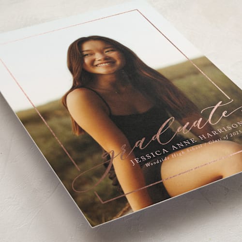 This is a rose graduation announcements with foil pressed by Yaling Hou Suzuki called break boundaries printing on recycled smooth signature in standard
