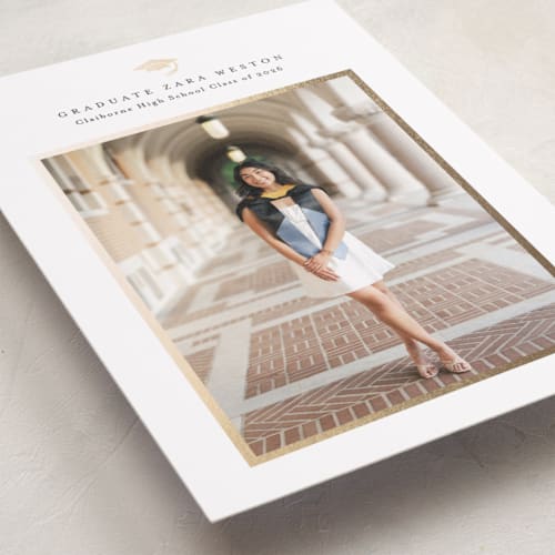 This is a cotton graduation announcements with foil pressed by Stacey Meacham called elegant frame printing on recycled smooth signature in standard