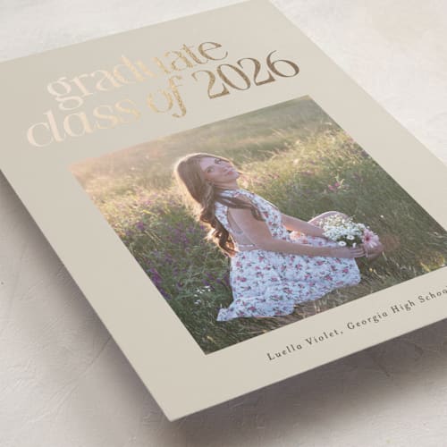 This is a cream graduation announcements with foil pressed by Lori Wemple called graduate aesthetic printing on recycled smooth signature in standard