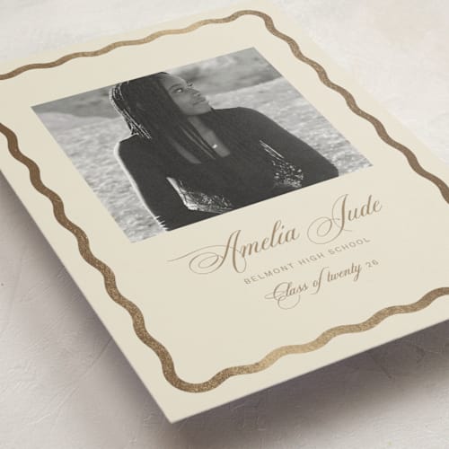 This is a buttercream graduation announcements with foil pressed by Jen Ramsey called amelia jude printing on recycled smooth signature in standard