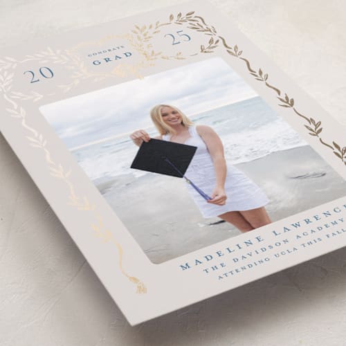 This is a indigo graduation announcements with foil pressed by Petra Kern called grad crest printing on recycled smooth signature in standard
