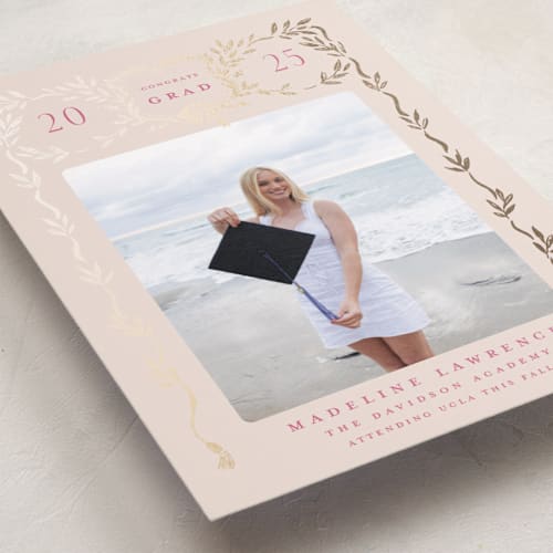 This is a rosebud graduation announcements with foil pressed by Petra Kern called grad crest printing on recycled smooth signature in standard