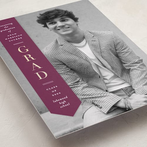 This is a maroon graduation announcements with foil pressed by Lauren Chism called classic sash printing on recycled smooth signature in standard