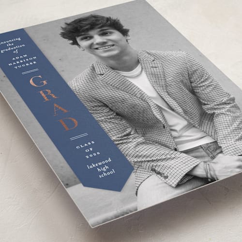 This is a denim graduation announcements with foil pressed by Lauren Chism called classic sash printing on recycled smooth signature in standard