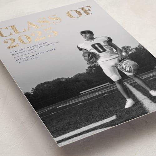 This is a midnight graduation announcements with foil pressed by Emily Sabol Goss called bold headline printing on recycled smooth signature in standard