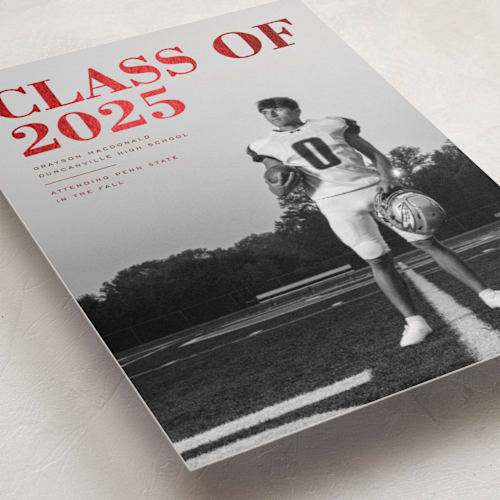 This is a crimson graduation announcements with foil pressed by Emily Sabol Goss called bold headline printing on recycled smooth signature in standard