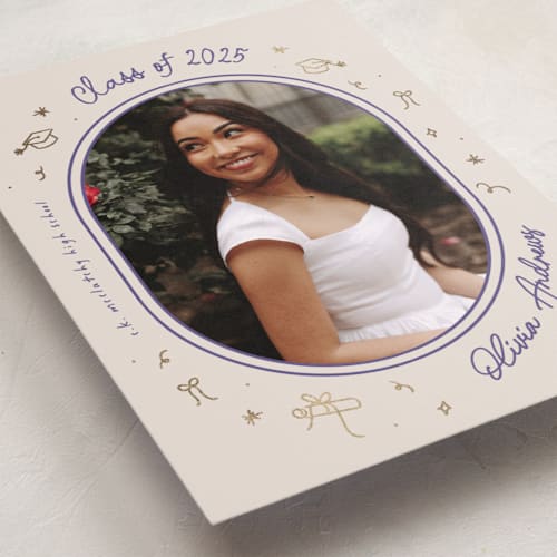 This is a orchid graduation announcements with foil pressed by Ashley Iwafuchi called illustrated grad printing on recycled smooth signature in standard