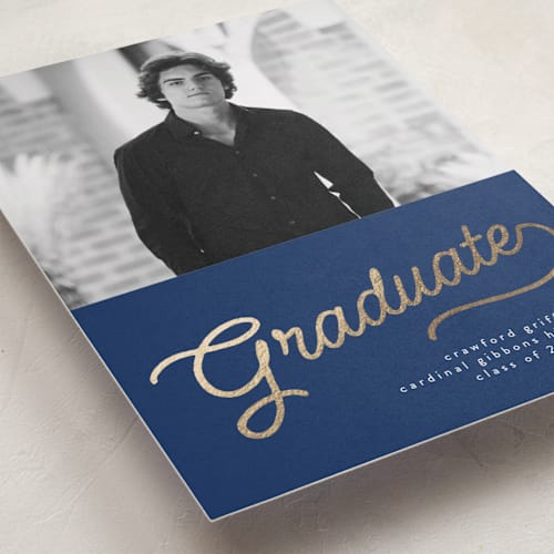 This is a navy graduation announcements with foil pressed by BR Designs called retro vintage grad printing on recycled smooth signature in standard