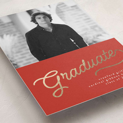 This is a tomato graduation announcements with foil pressed by BR Designs called retro vintage grad printing on recycled smooth signature in standard