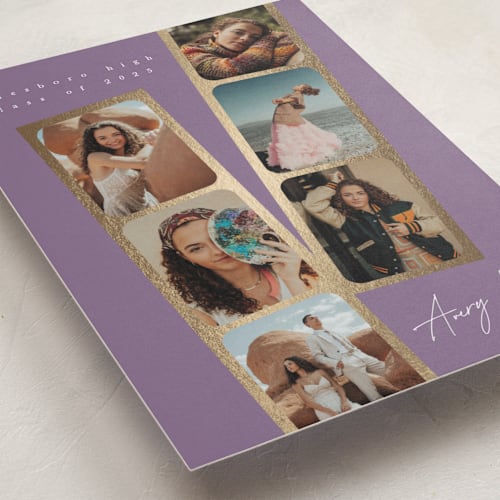This is a violet graduation announcements with foil pressed by Leah Bisch called snapshots printing on recycled smooth signature in standard