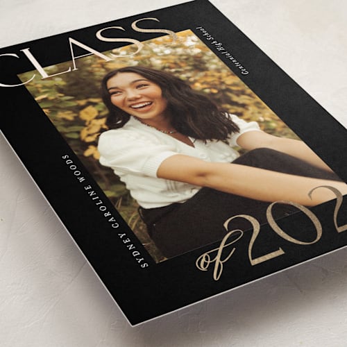 This is a licorice graduation announcements with foil pressed by Jessica Williams called scholarly surround printing on recycled smooth signature in standard