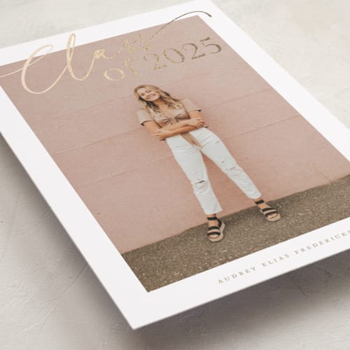This is a cloud graduation announcements with foil pressed by Jackie Crawford called scripted graduation year printing on recycled smooth signature in standard