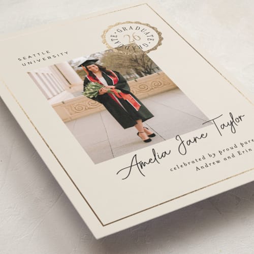 This is a cream graduation announcements with foil pressed by Alethea and Ruth called certificate printing on recycled smooth signature in standard