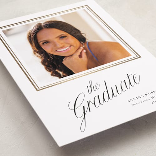 This is a cotton graduation announcements with foil pressed by Shirley Lin Schneider called elegant chic printing on recycled smooth signature in standard
