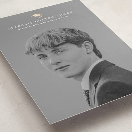 This is a golden hour graduation announcements with foil pressed by Stacey Meacham called well done printing on recycled smooth signature in standard