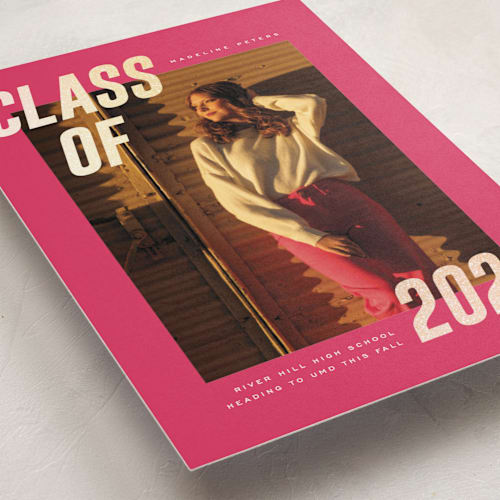 This is a magenta graduation announcements with foil pressed by Emily Sabol Goss called italic shimmer printing on recycled smooth signature in standard
