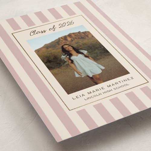 This is a blush graduation announcements with foil pressed by Ani Somi called grad stripes printing on recycled smooth signature in standard