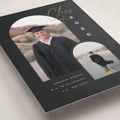 This is a chalkboard graduation announcements with foil pressed by Leah Bisch called our class printing on recycled smooth signature in standard