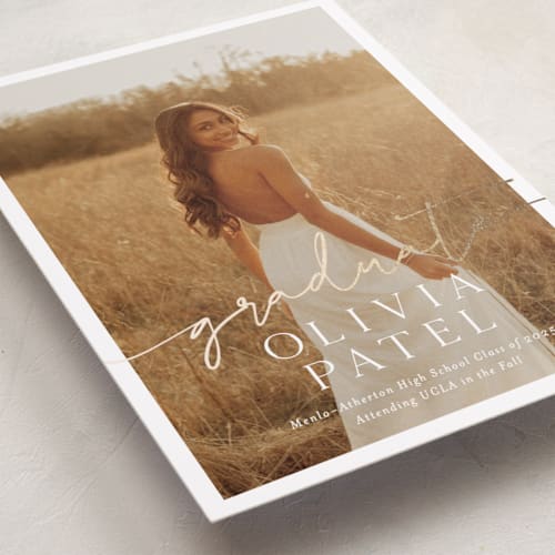 This is a snow graduation announcements with foil pressed by Sarah Curry called graduate script printing on recycled smooth signature in standard