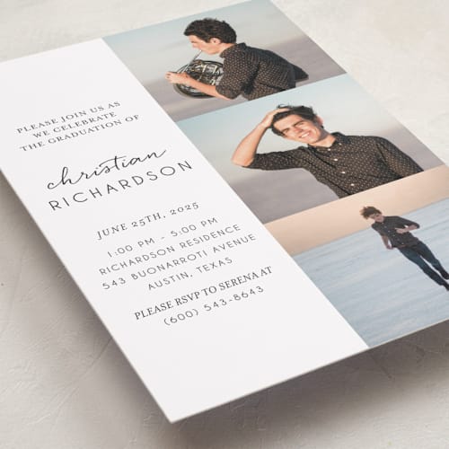 This is a snow graduation invitations with standard by Deynaaz Daraei called patchwork printing on recycled smooth signature in standard