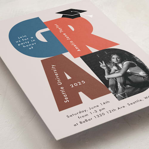 This is a denim graduation invitations with standard by Alethea and Ruth called grad letter pic printing on recycled smooth signature in standard