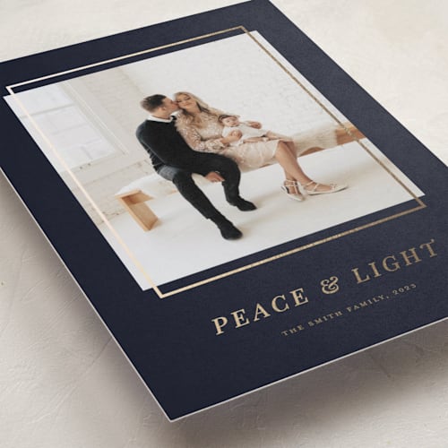 This is a midnight hanukkah cards with foil pressed by Katherine Moynagh called modern elegant printing on recycled smooth signature in standard