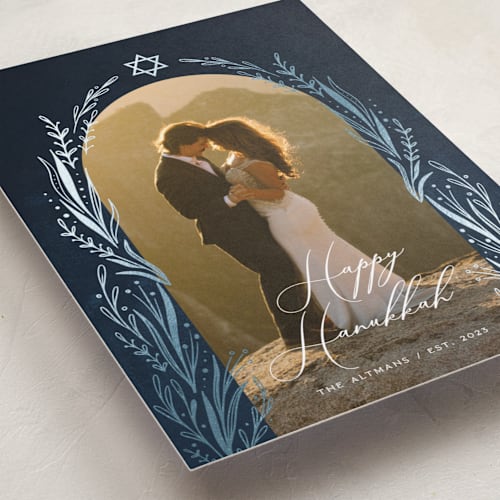 This is a night hanukkah cards with foil pressed by Orasie called floral arch printing on recycled smooth signature in standard