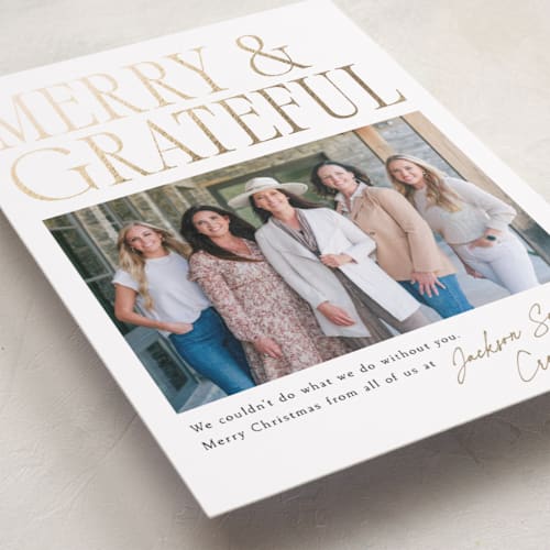 This is a snow business holiday cards with foil pressed by Robert and Stella called merry & grateful printing on recycled smooth signature in standard