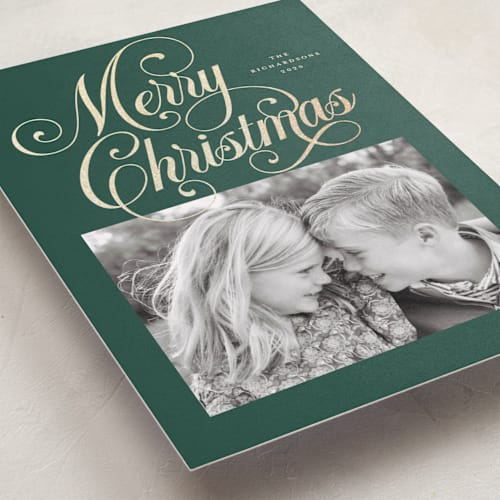 This is a balsam foil pressed holiday cards with foil pressed by Jessica Williams called peppermint twist printing on recycled smooth signature in standard