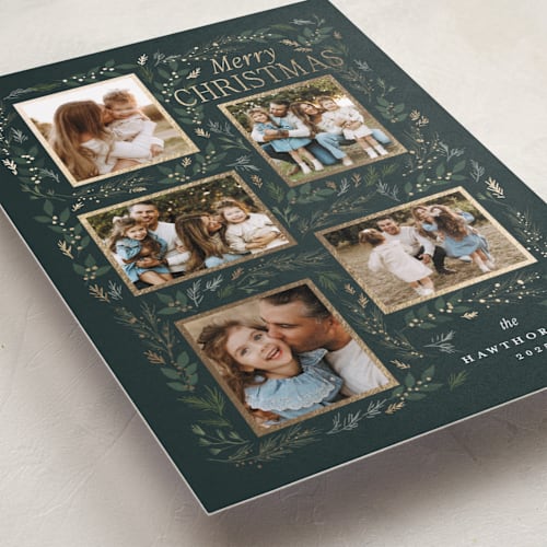 This is a juniper foil pressed holiday cards with foil pressed by Rebecca Durflinger called evergreen gallery printing on recycled smooth signature in standard