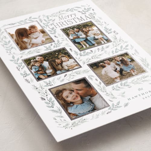 This is a snow foil pressed holiday cards with foil pressed by Rebecca Durflinger called evergreen gallery printing on recycled smooth signature in standard