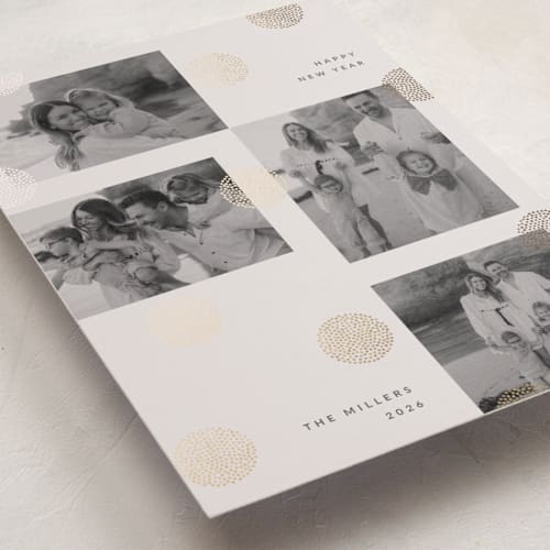 This is a vanilla foil pressed holiday cards with foil pressed by Sumak Studio called dotty dots printing on recycled smooth signature in standard