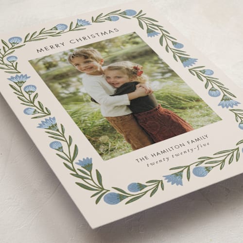 This is a blue spruce foil pressed holiday cards with foil pressed by Jen Owens called wreath wrap printing on recycled smooth signature in standard