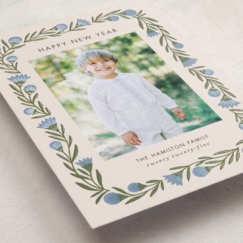 This is a blue spruce foil pressed holiday cards with foil pressed by Jen Owens called wreath wrap printing on recycled smooth signature in standard