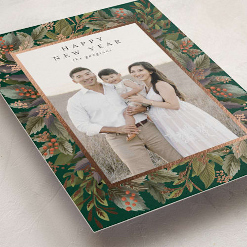 This is a fern foil pressed holiday cards with foil pressed by Chris Griffith called christmas greens printing on recycled smooth signature in standard