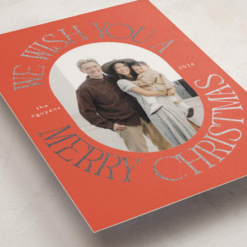 This is a holly berry foil pressed holiday cards with foil pressed by Morgan Kendall called merry wish printing on recycled smooth signature in standard