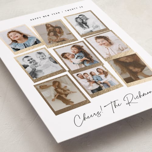 This is a snow foil pressed holiday cards with foil pressed by Hooray Creative called nine snapshots printing on recycled smooth signature in standard