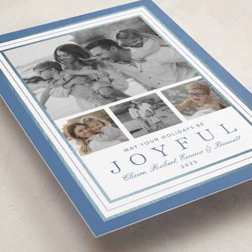 This is a wintermint foil pressed holiday cards with foil pressed by Alston Foster called favorite joys printing on recycled smooth signature in standard