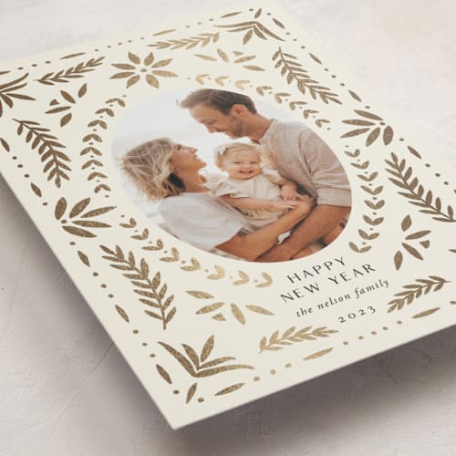 This is a eggnog foil pressed holiday cards with foil pressed by Amy Kross called festive folk printing on recycled smooth signature in standard