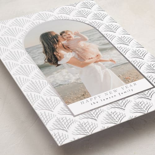 This is a opal foil pressed holiday cards with foil pressed by Tamara Hilje called palmdeco printing on recycled smooth signature in standard