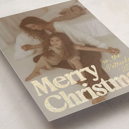 This is a lemondrop foil pressed holiday cards with foil pressed by Everett Paper Goods called vintage classic printing on recycled smooth signature in standard