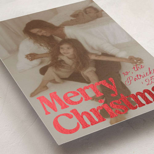 This is a santa suit foil pressed holiday cards with foil pressed by Everett Paper Goods called vintage classic printing on recycled smooth signature in standard