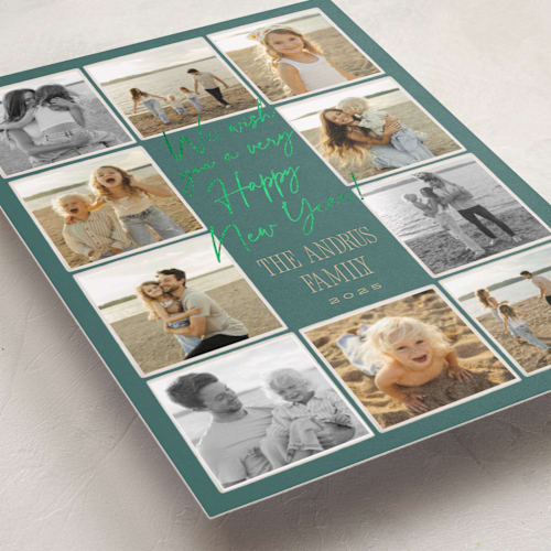 This is a balsam fir foil pressed holiday cards with foil pressed by Robert and Stella called christmas candids printing on recycled smooth signature in standard