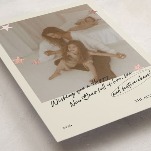 This is a hot cocoa foil pressed holiday cards with foil pressed by Helena Vitto called messy christmas printing on recycled smooth signature in standard