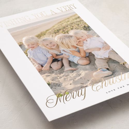 This is a snow foil pressed holiday cards with foil pressed by Benita Crandall called bright & merry printing on recycled smooth signature in standard
