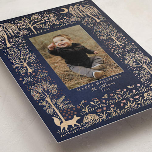 This is a midnight foil pressed holiday cards with foil pressed by Sabrin Deirani called forest under the moonlight printing on recycled smooth signature in standard