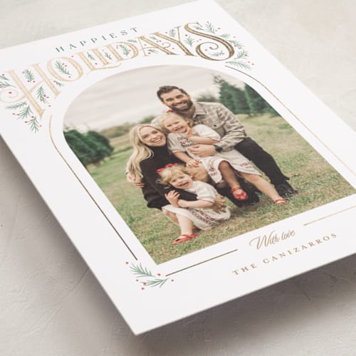This is a starlight foil pressed holiday cards with foil pressed by Jennifer Wick called folklore printing on recycled smooth signature in standard