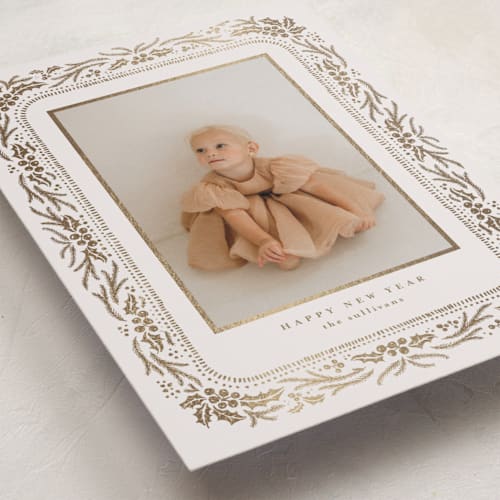 This is a latte foil pressed holiday cards with foil pressed by Tamara Hilje called blonda printing on recycled smooth signature in standard