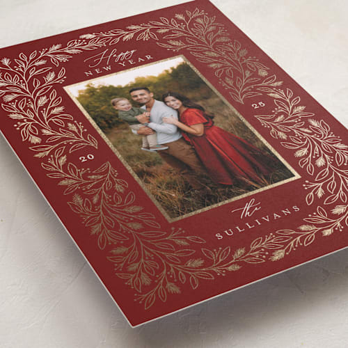 This is a mulled wine foil pressed holiday cards with foil pressed by Randi Cirelli called merry pines printing on recycled smooth signature in standard